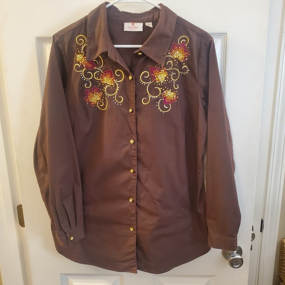 QUACKER FACTORY med SHIRT BUTTON DOWN brwn embroidery autumn‎ leave FALL sparkle